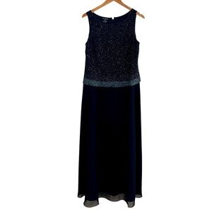 J Kara Sz 12 Navy Blue Iridescent Beaded Evening Maxi Dress Gown Mother Bride